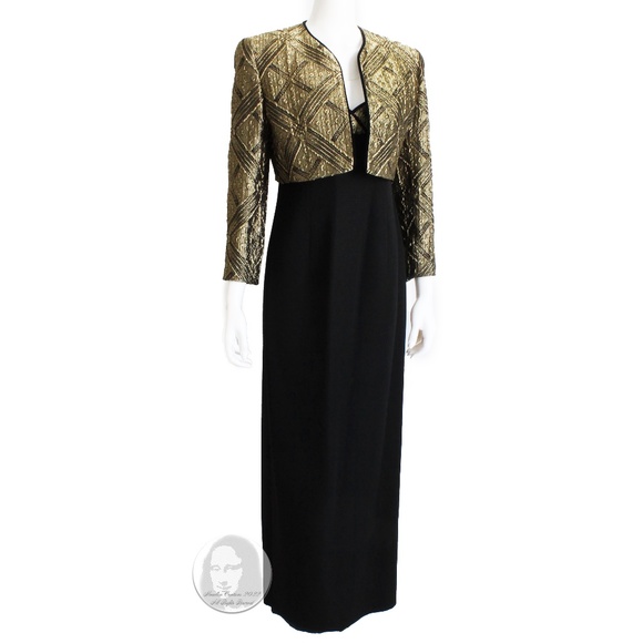 Louis Feraud Evening Gown and Jacket 2pc Metallic Gold & Black Vintage Size 8 - Picture 1 of 15